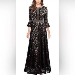 Women's Vintage Full Lace Contrast Bell Sleeve Formal Long Dress